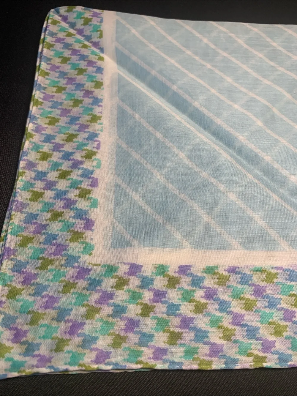 Dior Light Blue Cotton Scarf with Multicolor Houndstooth Border